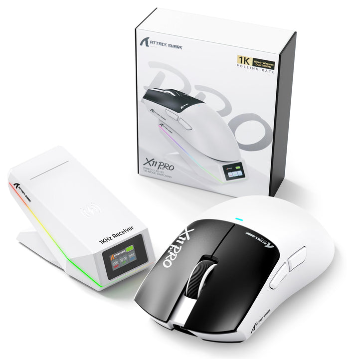 ATTACK SHARK X11 PRO V2 Kabellose Gaming Maus mit TFT Dock, Schwarz Weiss A, Schwarz Weiss A