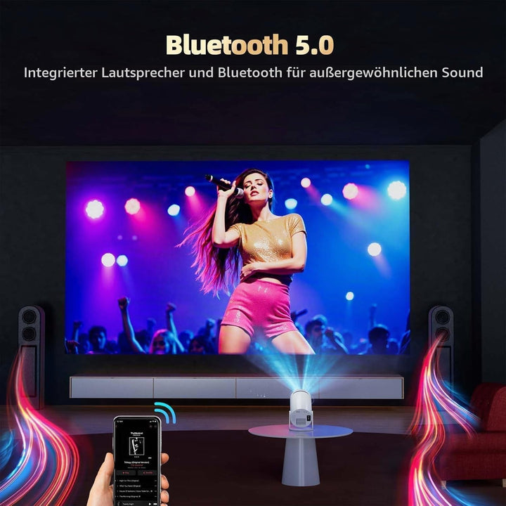 Beamer Unterstützt 4K, Projektor Heimkino mit WLAN und Bluetooth, 270° Drehung, Automatische Vertika