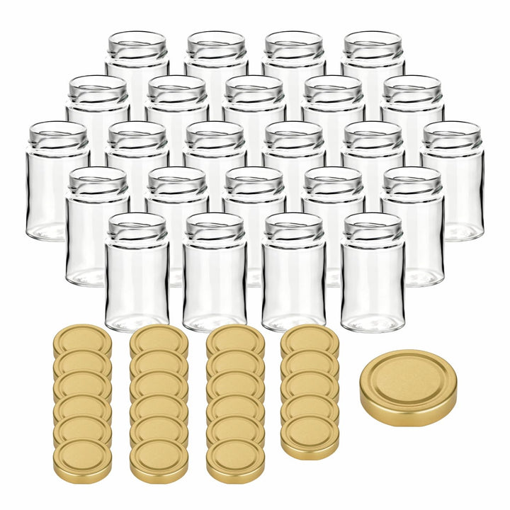 gouveo 24er Set Einmachgläser 212 ml Klassik mit Schraubdeckel goldfarben - Kleine Vorratsgläser mit