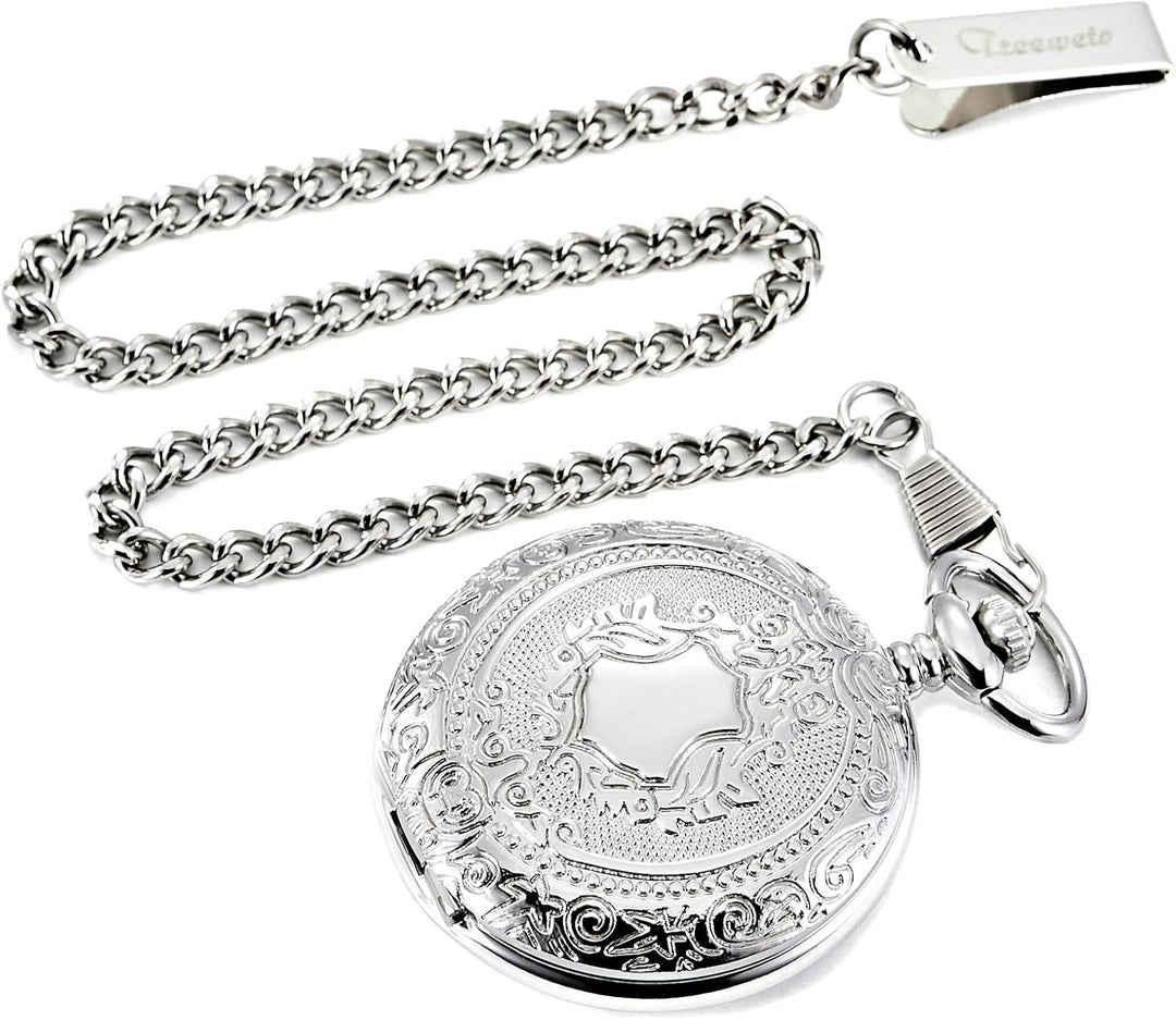 TREEWETO Unisex Taschenuhr mit Kette Analog Handaufzug Antik Graviert Römische Silber/Gold/Schwarz,