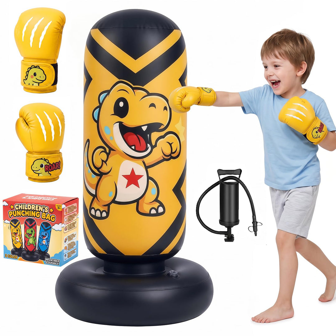 Ninonly 130cm Boxsack Stehend Kinder Aufblasbar mit Handschuhen &amp; Pumpe Gelb, Gelb