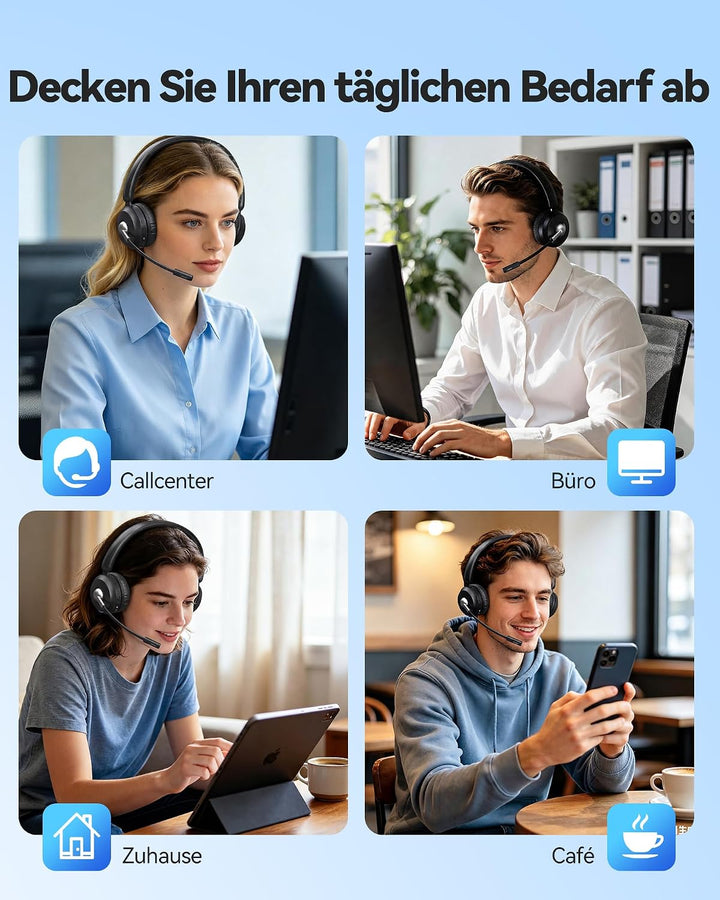 TECKNET V6.0 Bluetooth Headset mit Mikrofon, kabellos Headset mit ENC-Störunterdrückung&amp;EIN-Tasten-S