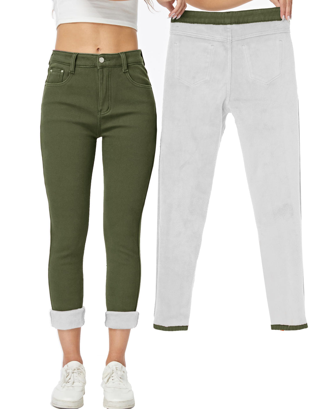 Yehopere Damen Winter Fleece Gef¨¹ttert Jeans Slim Fit Warm Skinny High Waist Denim Jeans S Army Gre