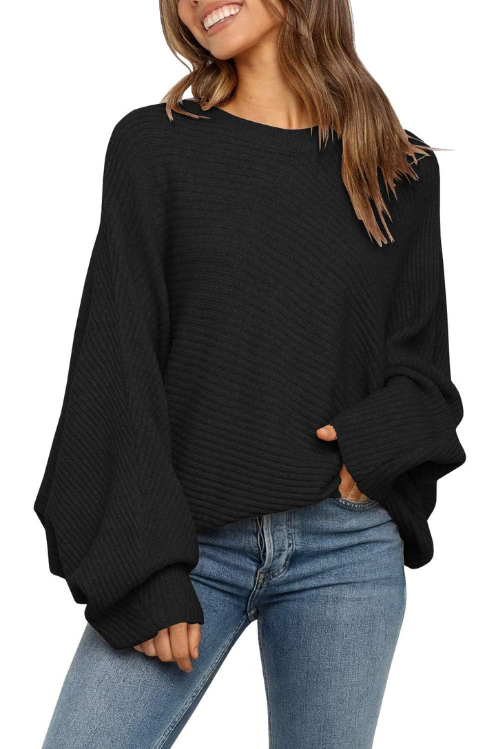 Fessceruna Damen Strickpullover Fledermausärmel Oversized Pullover Rundhalsausschnitt Winter Gerippt