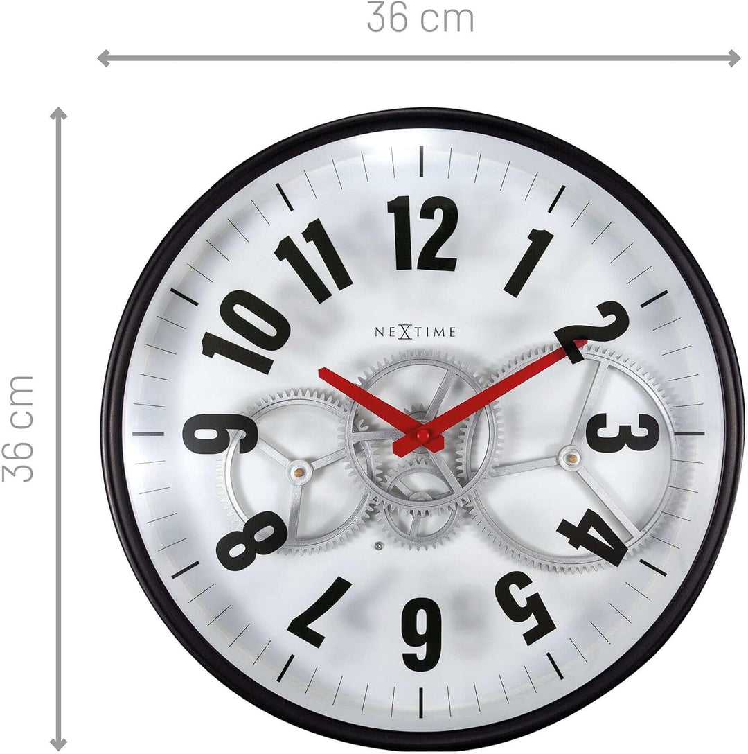 NeXtime Moderne Gear Uhr mit beweglichem Getriebe, Weiss, 36 cm, Metall/Glas