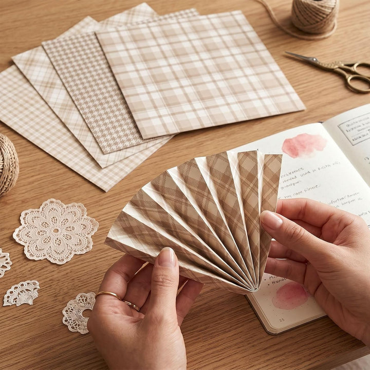 36 Blatt Kariertes Scrapbook Papier, Doppelseitiges Bastelpapier (Beige), Beige