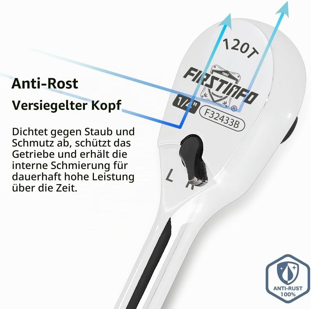 FIRSTINFO F32433B Ratsche 1/4″(6,35 mm) – versiegelter Kopf mit 120 Zähnen | kompakter umkehrbarer K
