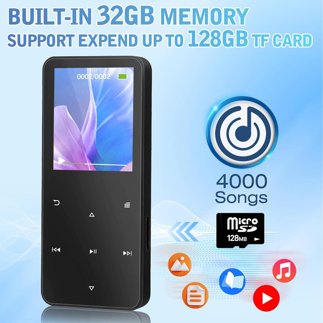 MP3 Player 32GB, MP3-MP4-Player mit Bluetooth 5.2 Schwarz, Schwarz