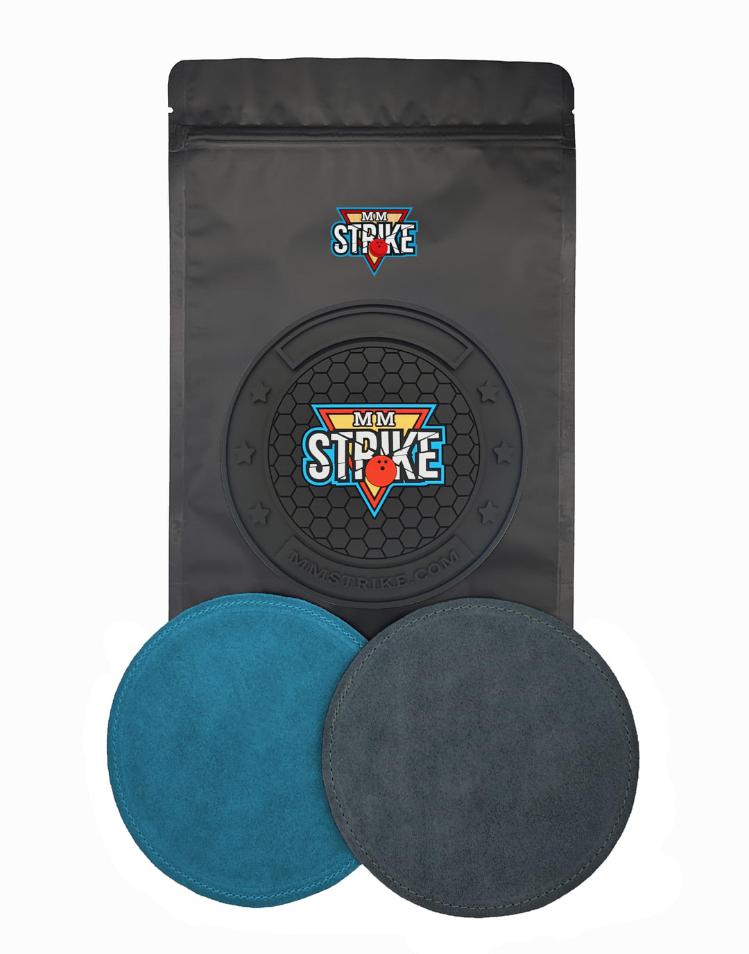 MMSTRIKE 2x Bowling Shammy Leather Pad+Black GripFlex Rubber Base Disc-Hook &amp; Loop System.Oil Remova