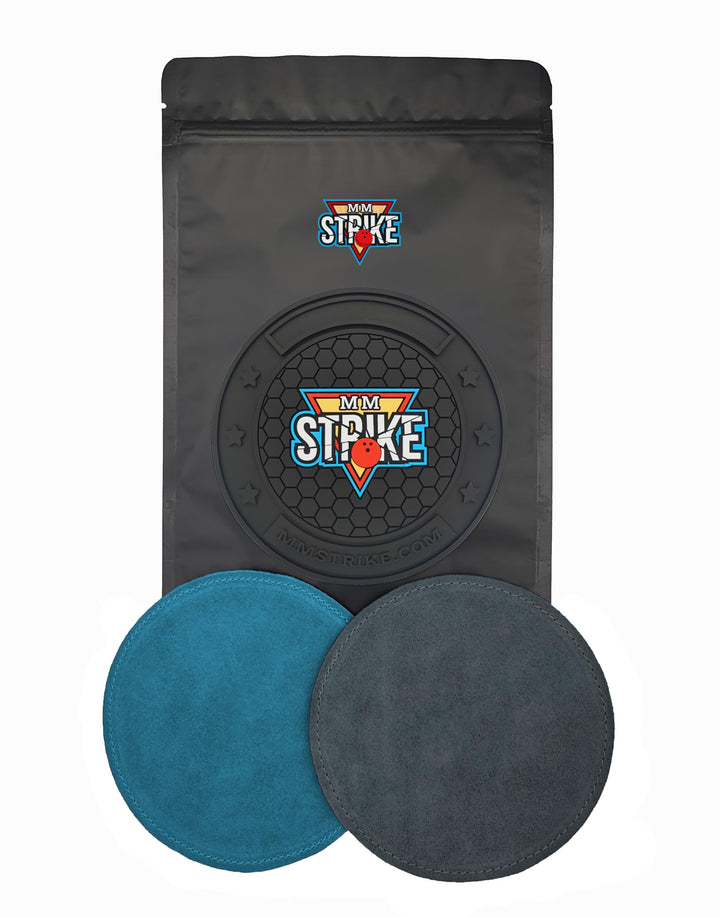 MMSTRIKE 2x Bowling Shammy Leather Pad+Black GripFlex Rubber Base Disc-Hook &amp; Loop System.Oil Remova
