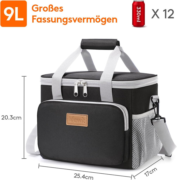 Lifewit Kühltasche klein, Isolierte Cooler Bag, Lunchtasche 9L 12 Dosen Grau &amp; Schwarz 9L, Grau &amp; Sc
