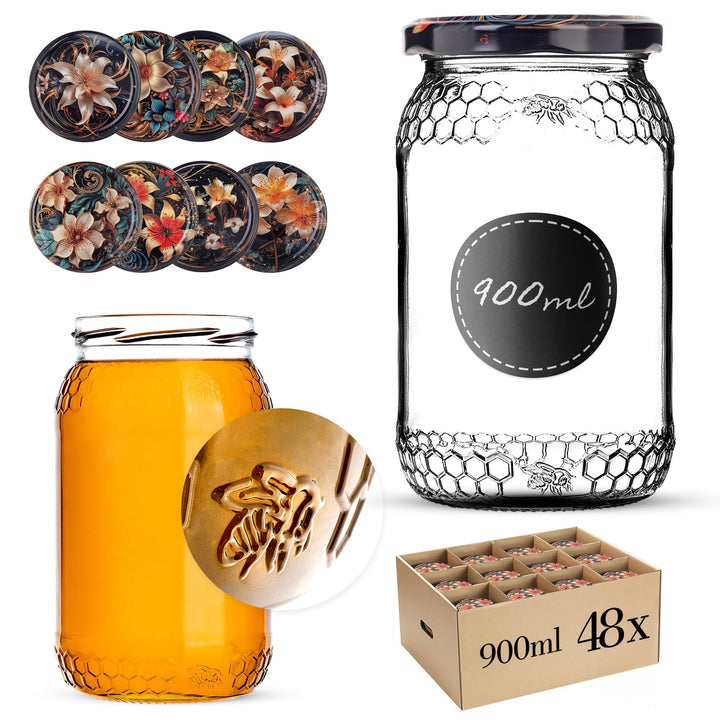 KADAX 48er Set Einmachgläser 900ml TO82 Lilien, Grosse Sturzgläser mit Schraubdeckel, Einkochgläser