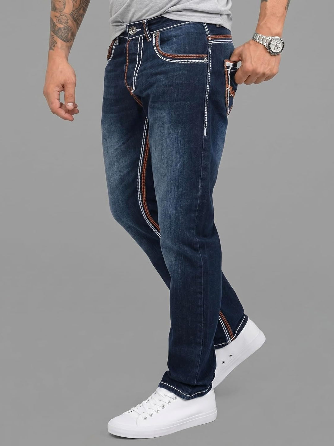 Rock Creek Herren Designer Jeans Hose Dicke Nähte Vintage Blau RC-2056 33W / 36L Dunkelblau - Rc-216