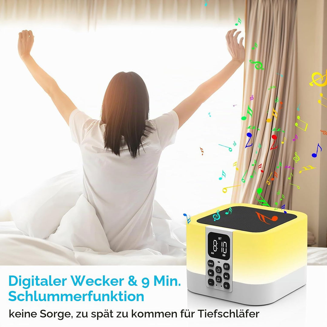 Bluetooth Lautsprecher mit Nachttischlampe Touch Dimmbar und Wecker Digital Weiss, Weiss