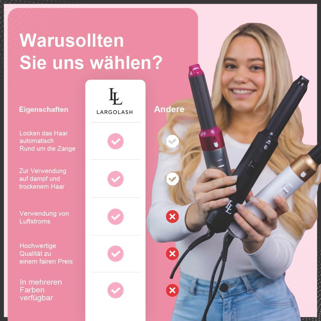 Largolash 5 in 1 Warmluftbürste Set, Schnelltrocknend Föhnbürste, Warmluft Lockenbürste, 3 Temperatu