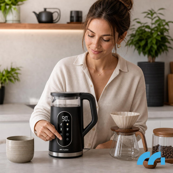 MalTec Wasserkocher Glas 1,7L 2200W mit Temperaturwahl Keep Warm LED