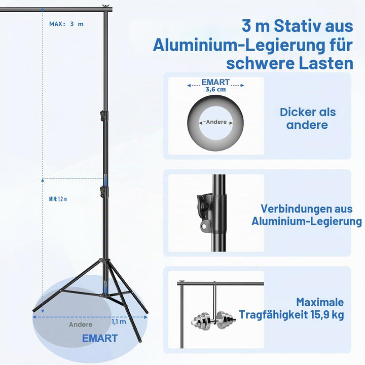 EMART Foto Hintergrund Ständer 3 X 3,6M, Verstellbarer Hintergrundsystem mit 4 Stück Hintergrundklem