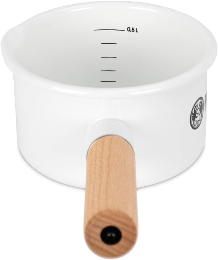 Petromax Emaille Stieltopf Weiss - 500 ml Kasserolle mit Holzgriff