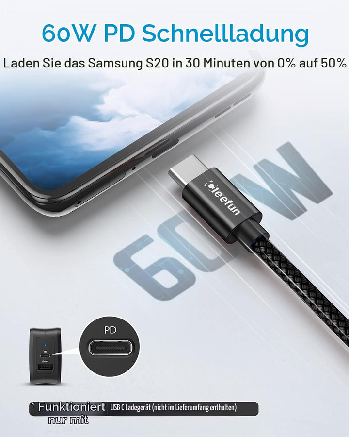 CLEEFUN USB C auf USB C Kabel 10M 60W(20V/3A), USB 2.0 auf USB C Ladekabel, Schnelladekabel für Sams