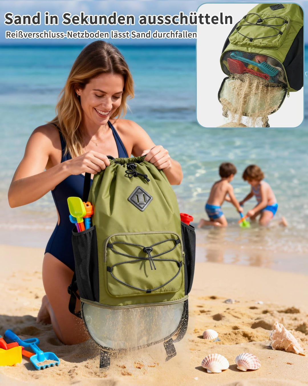 WANDF Schwimmtasche als Turnbeutel mit Abnehmbarem Nassbeutel, Strandrucksack mit Netzboden gegen Sa