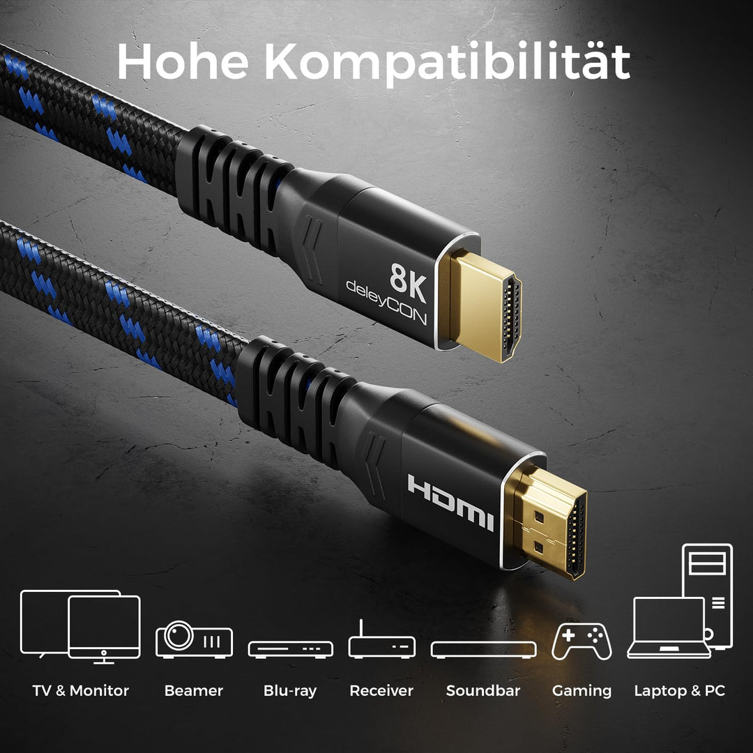 deleyCON 7,5m Flaches 8K HDMI 2.1 Kabel - für TV, Monitor, PS4, PS5, Xbox, Dolby Atmos Soundbar EARC