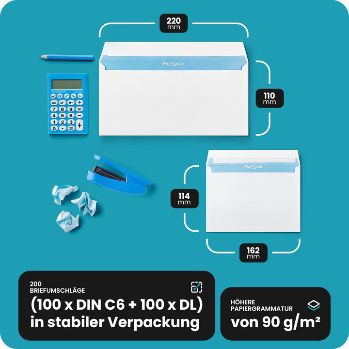 Netuno 200 Stück Briefumschläge DIN C6 &amp; DL (je 100) Weiss ohne Fenster 90 g/m² mit Innendruck Haftk