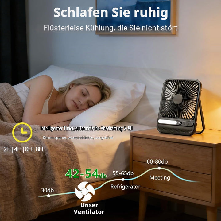 10000mAh Akku Ventilator, Sehr Leiser Tischventilator mit Lampe, 23 cm hoch, bis zu 28 Std. Laufzeit