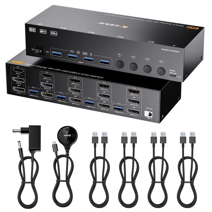 KVM Switch 3 Monitore 4 PC, Displayport HDMI USB 3.0 KVM-Umschalter für zwei Monitore, unterstützt 4