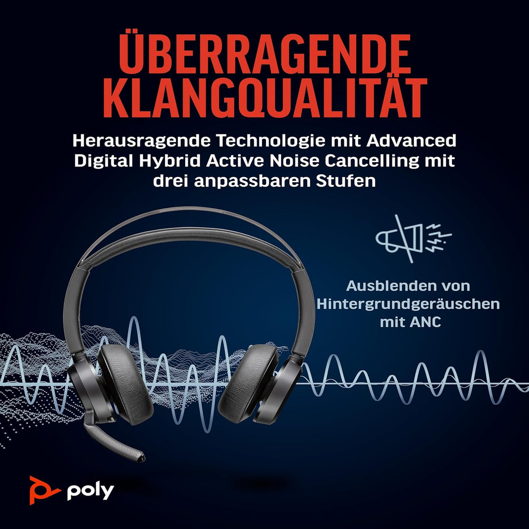 Poly Voyager Focus 2 UC schnurloses Headset mit Mikrofon, Active Noise Cancelling (ANC), Verbindung