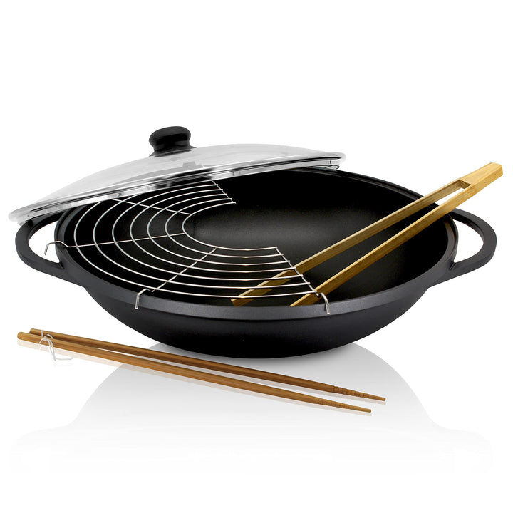 KRÜGER Aluguss-Wok Leipzig mit Glasdeckel und Zubehör 36 cm - Wokpfanne mit Antihaft Versiegelung -
