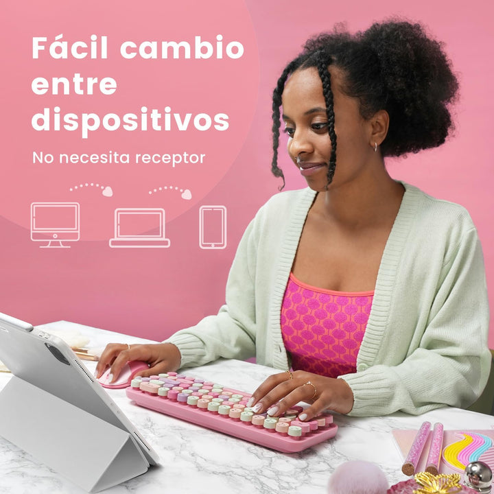 Perixx PERIDUO-802PK ES Set de Ratón y Teclado Inalámbrico Bluetooth Mini - Estilo Retro Con Teclas