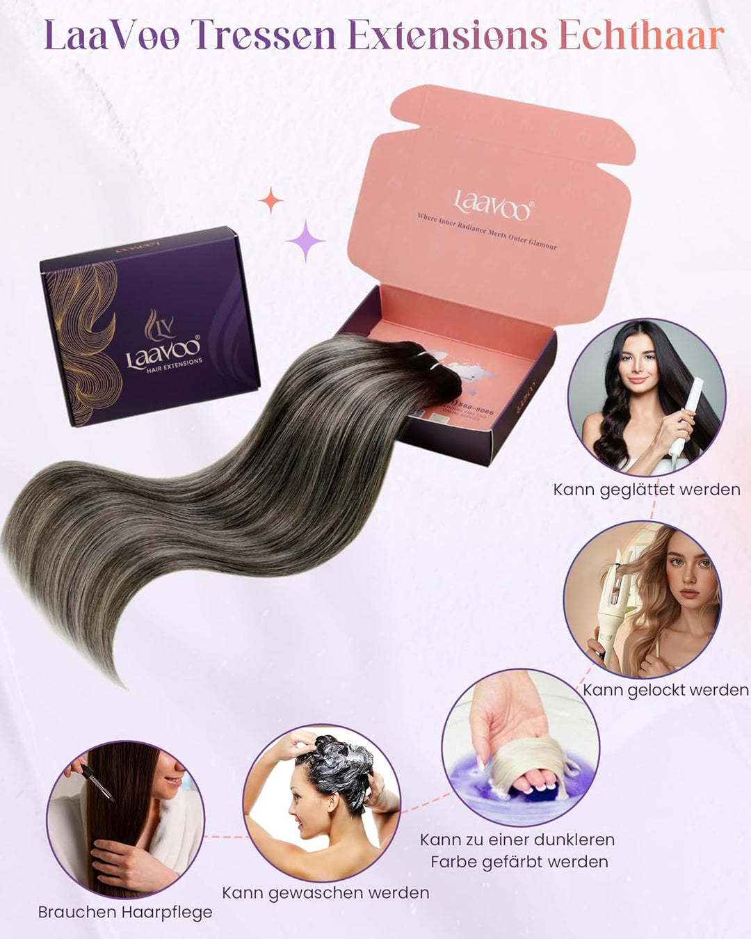 LaaVoo 55cm Extention Tressen Echthaar Balayage Schwarz Silber Sew in Tressen Echthaar zum Einnähen