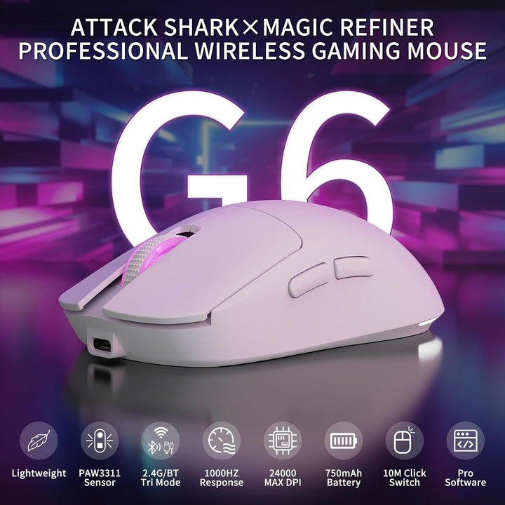 MAGIC-REFINER G6 Superlight Kabellose Gaming-Maus, 24000 DPI, PAW3311 -Sensor, RGB-Lichtleiste, 72g
