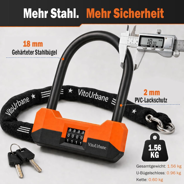 Fahrradschloss mit Zahlencode - 18 mm Fahrrad Bügelschloss und 120 cm Kette Orange und Schwarz, Oran