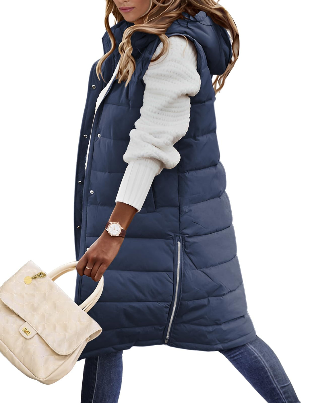 Yuson Girl Lange Jacke Weste für Damen Ärmellose Kapuzenweste Steppweste Damen Lang Winteroberbeklei