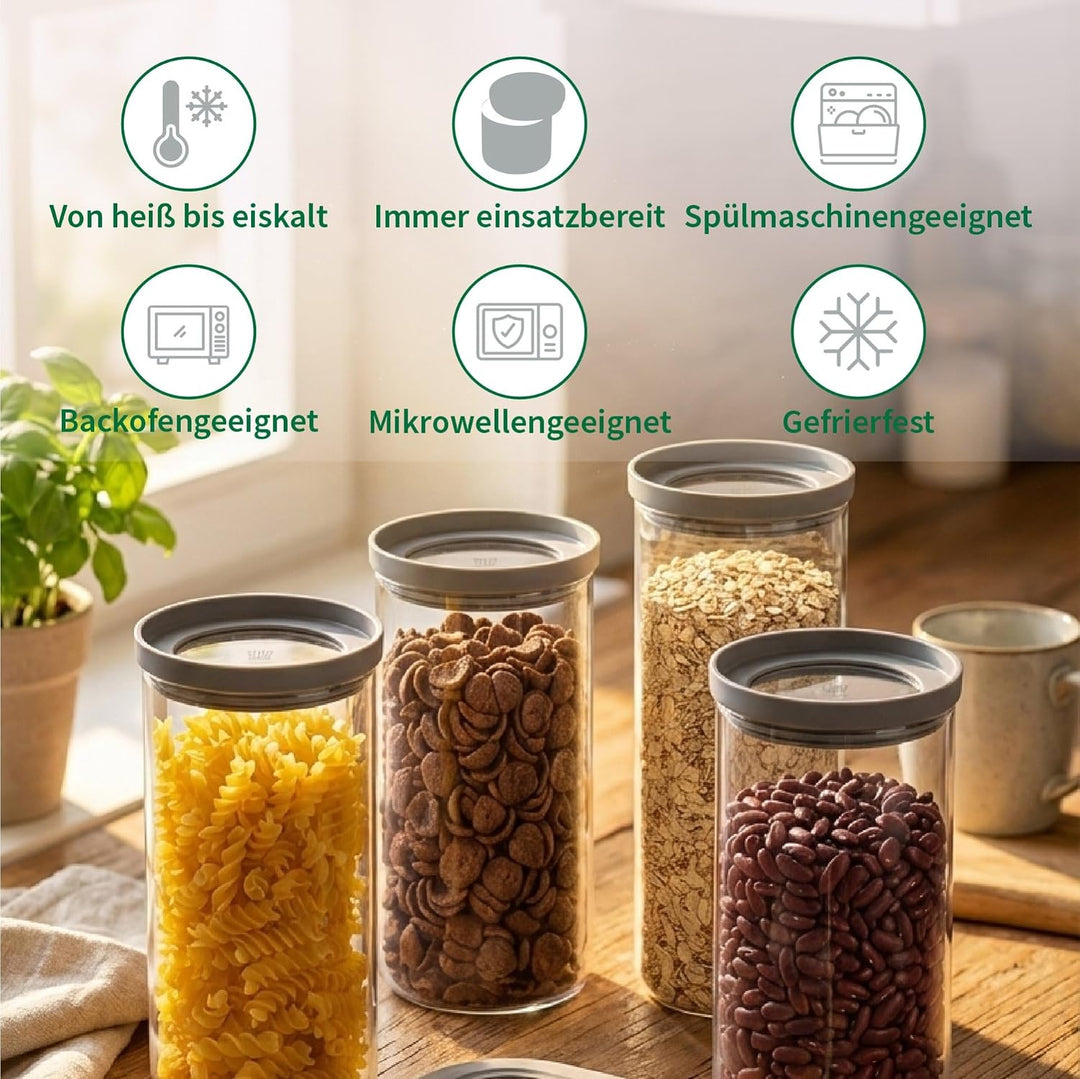 FACKELMANN Chefkoch trifft 4er Set Vorratsbehälter mit Glasdeckel – 2 L, Borosilikatglas, luftdicht