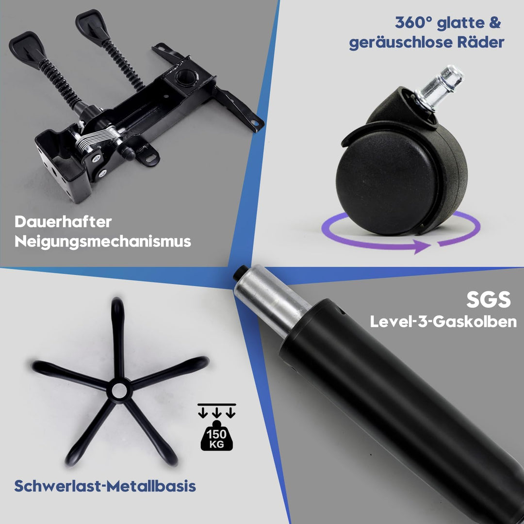 MZLEE Bürostuhl Ergonomisch, Schreibtischstuhl mit Fussstütze, Neigung 90-135°, Stoff Chefsessel mit