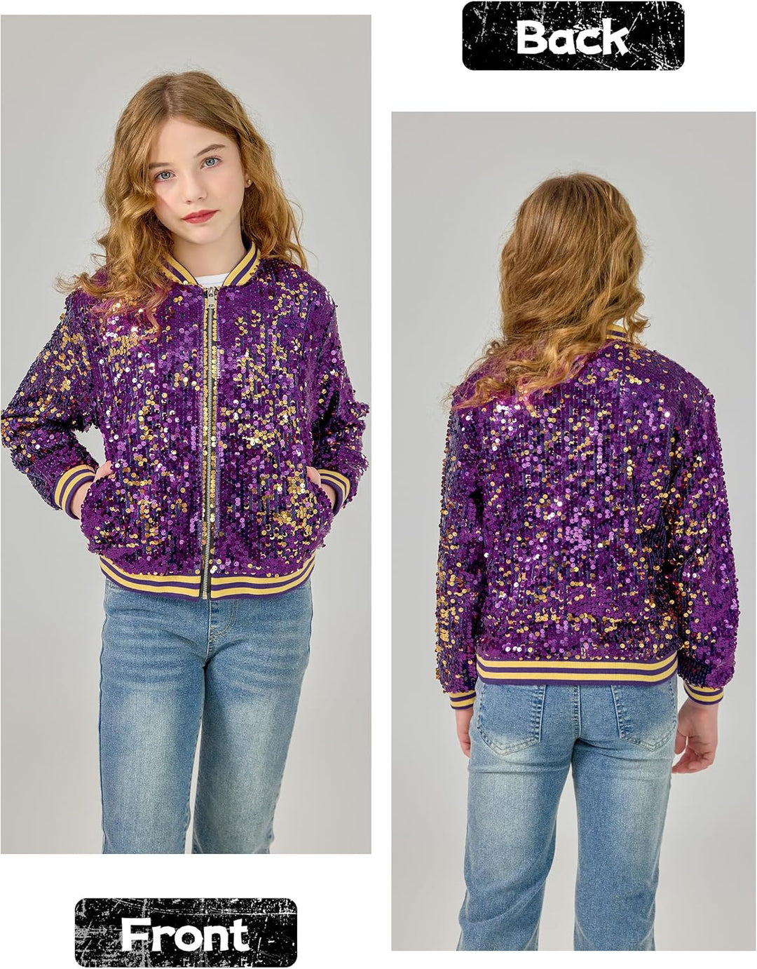 LOLANTA Mädchen Pailletten Bomberjacke mit Taschen Reissverschluss Langarm Glitzer Baseball Jacken f