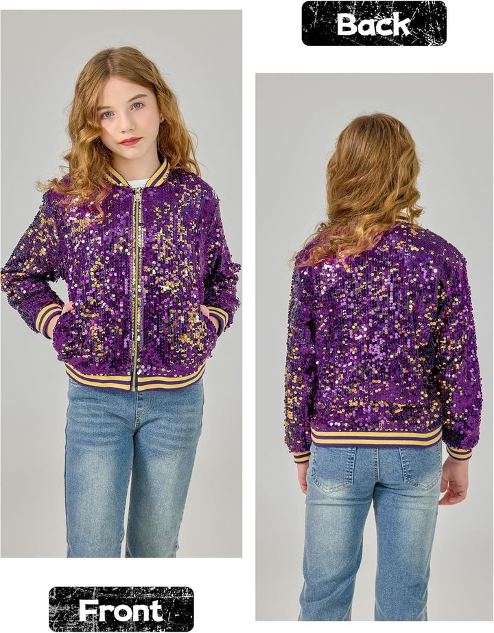 LOLANTA Mädchen Pailletten Bomberjacke mit Taschen Reissverschluss Langarm Glitzer Baseball Jacken f