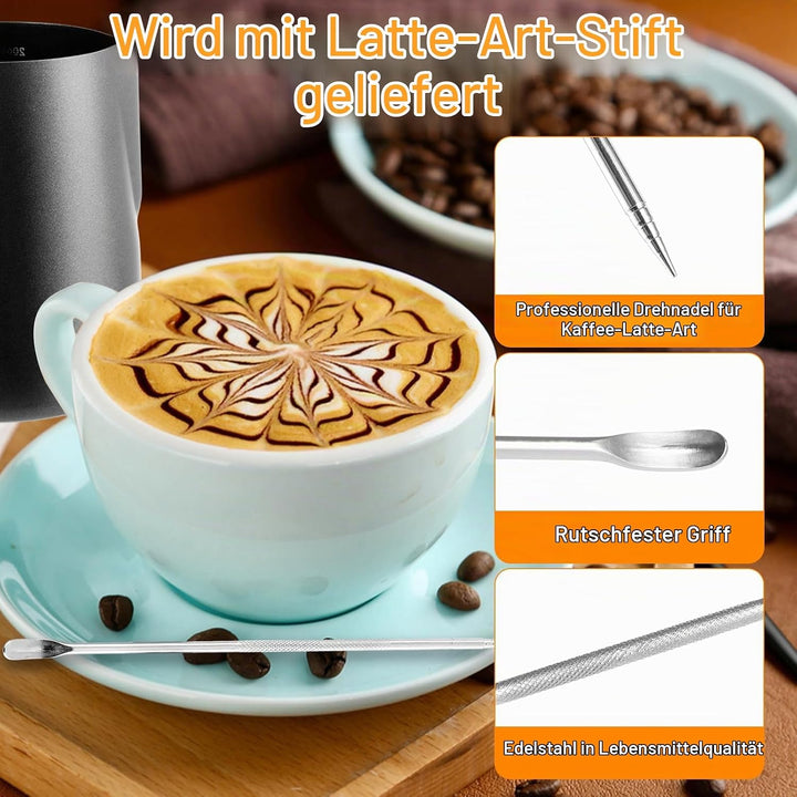APACALI 2 Stück Milchkännchen Edelstahl Schwarz, Barista Milchschaumkännchen mit Messung Mark und La