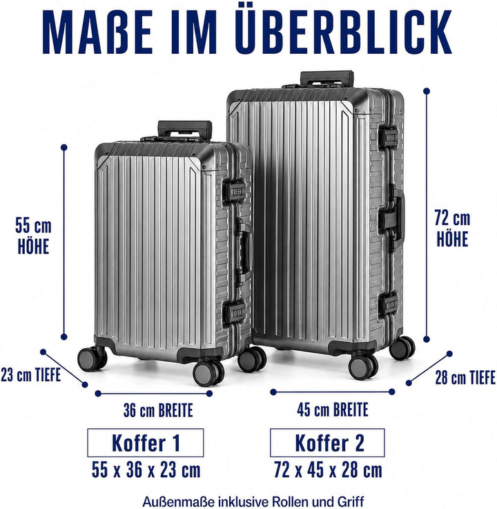 Travelhouse 100% Alu Reisekoffer 2teilig Graphit S-55cm &amp; L-72cm Aluminumhartschalenkoffer Set 2X TS