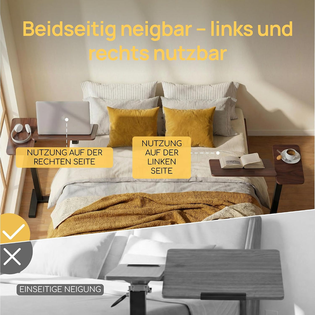 Viviendo Betttisch auf Rollen, Braun, höhenverstellbarer Beistelltisch 68–108 cm mit Gasdruckfeder,