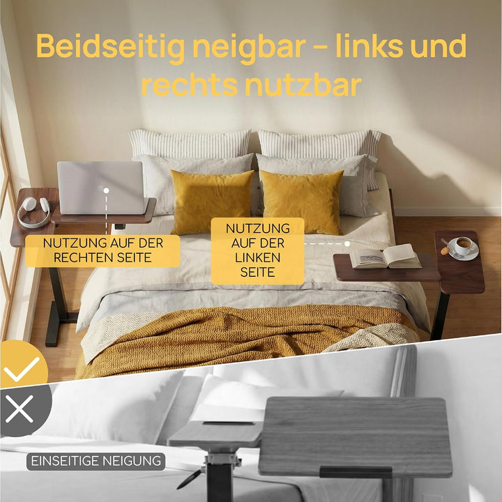 Viviendo Betttisch auf Rollen, Braun, höhenverstellbarer Beistelltisch 68–108 cm mit Gasdruckfeder,