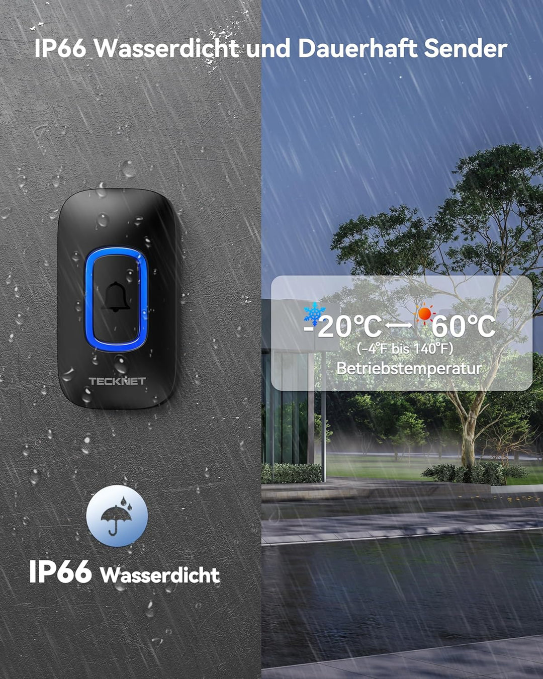 TECKNET Funkklingel, Funkklingel Aussen Wasserdicht 2 Empfänger Mit RGB Licht, 60 Melodien, IP66 Fun