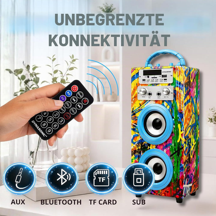 DYNASONIC Karaoke mit 2 Mikrofonen, tragbarer Karaoke-Maschine, Bluetooth-Lautsprecher, USB- und SD-