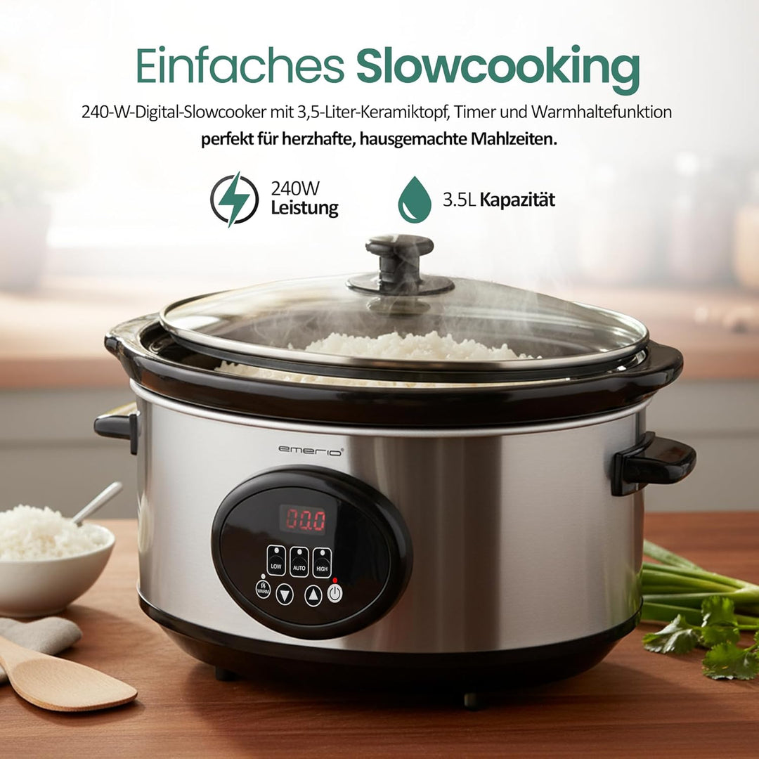 EMERIO Schongarer - Slow Cooker | 3,5L Innentopf aus Keramik (entnehmbar) | 3 Temperaturstufen | Dis