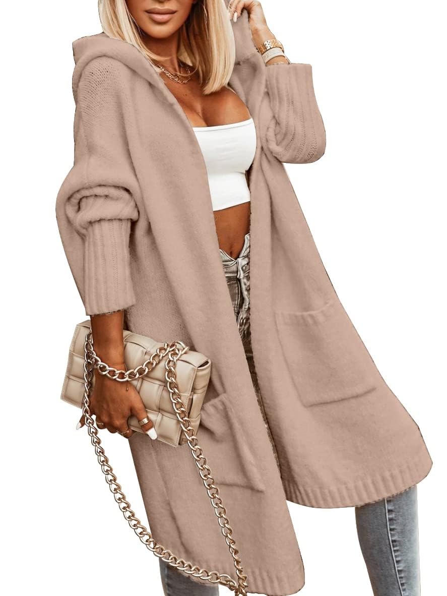 Tongmingyun Strickjacke Damen Lang Cardigan mit Kapuze Winter Grobstrickjacke Casual Lose Strickmant