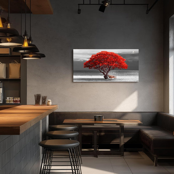 hyidecorart Bilder Baum Rote, Bäume Natur Leinwand Bilder, 1 Teilig Wandbilder Wohnzimmer, Modern Gl