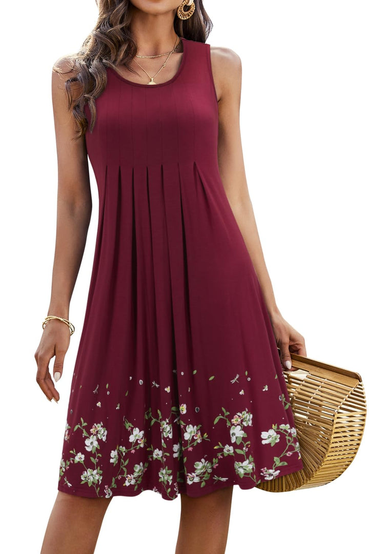 KILIG Sommerkleid Damen Strandkleid Midi Ärmellose Kleid Sommer Leicht Blumenkleid Freizeitkleid A1-