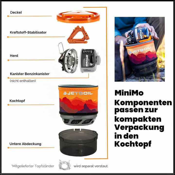 Jetboil MiniMo Camping- und Rucksackkochsystem mit einstellbarer Wärmekontrolle Sunset, Sunset